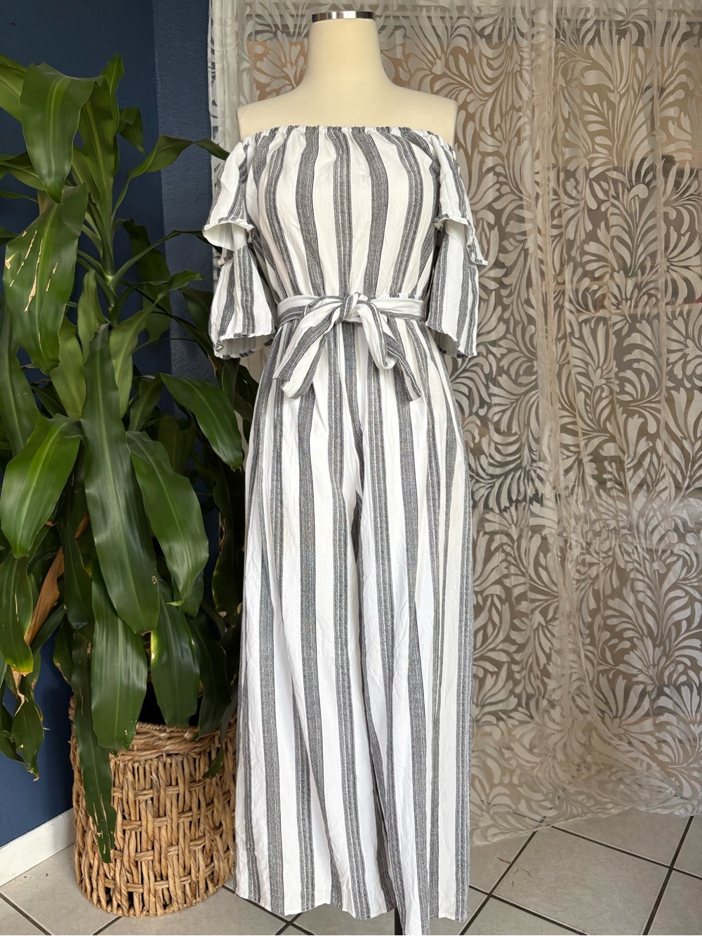 Flying Tomato Off Shoulder Jumpsuit Romper Grey & White Stripes Wide Leg Ruffles